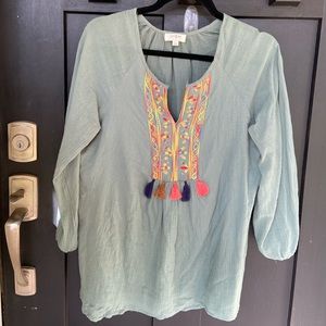Green Blouse with Embroidery — Size Large